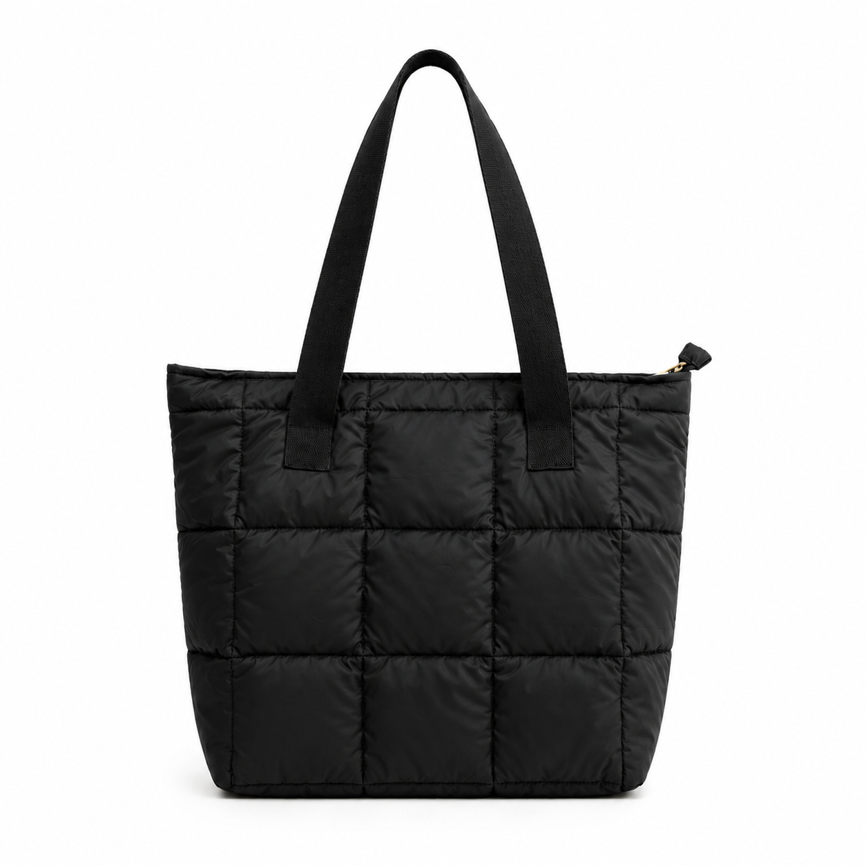 Black quilted tote bag on a white background