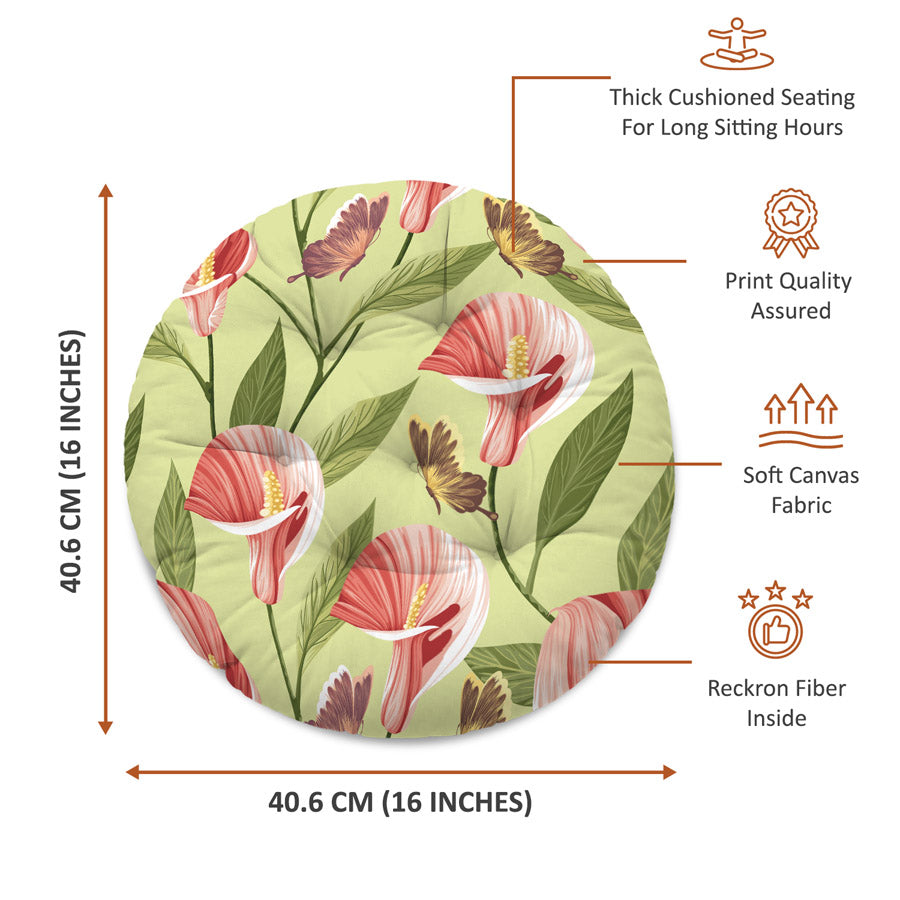 Green Floral Printed Round Chair Cushion