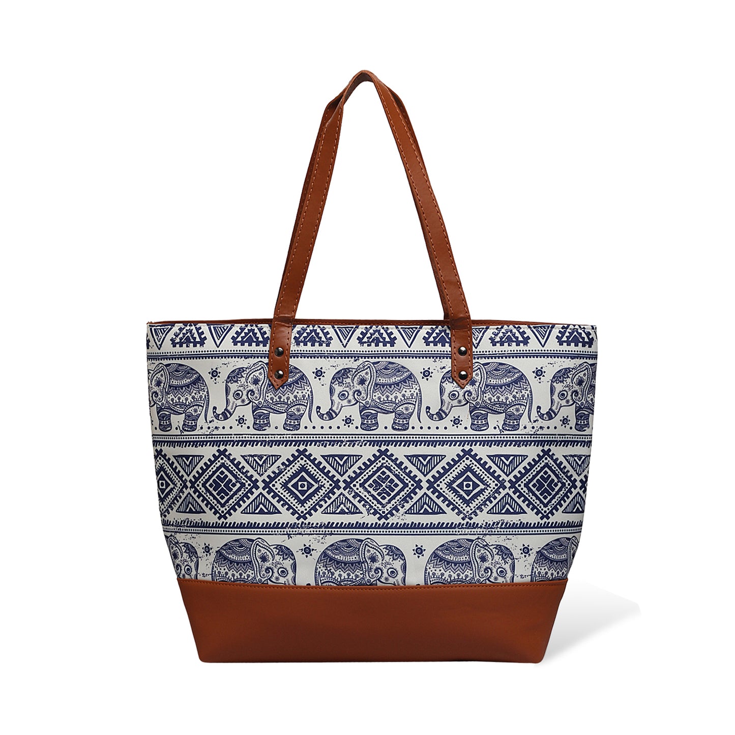 Fashionable tote bag made of leather with brown handle.