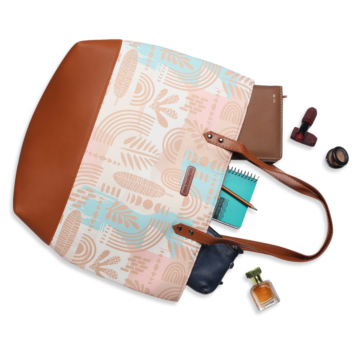 Chic tote bag featuring light blue and pink print