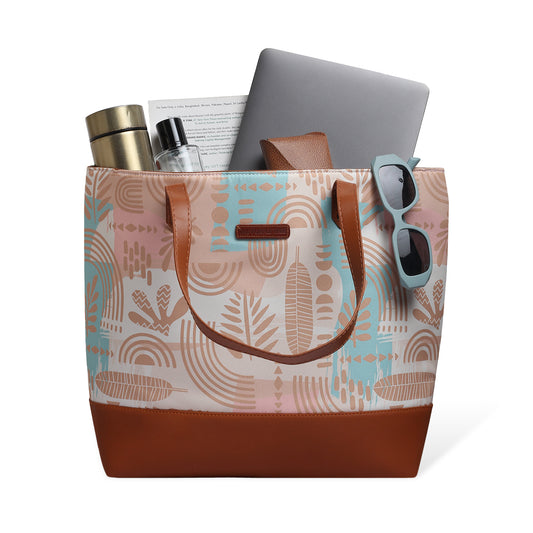 Stylish tote bag with light blue and pink design