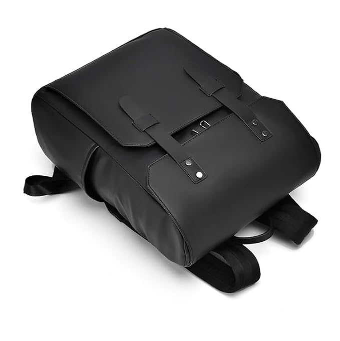 A black backpack with two shoulder straps and a leather handle for convenient carrying.