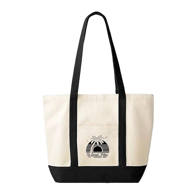 A modern tote bag displaying a striking black and white logo, combining functionality with contemporary design.