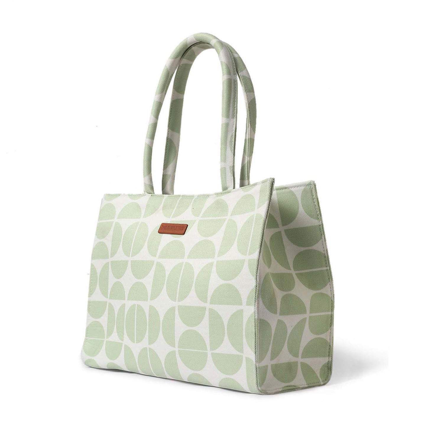 Stylish green and white tote bag with book and notebook.