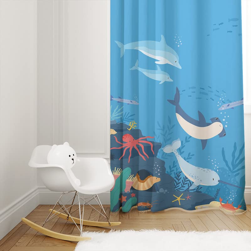 Playful under the sea themed curtains decorated with fish, coral, and seashells to add a splash of fun.