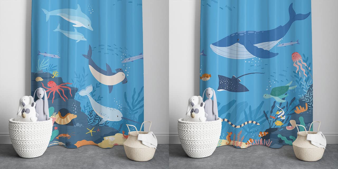 Whimsical curtains with an under the sea theme, showcasing fish, coral, and seashells for a marine look.