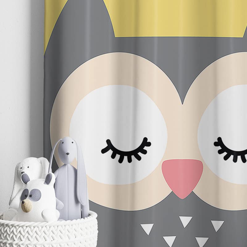 Cute yellow and gray owl curtain featuring a peaceful sleeping expression.