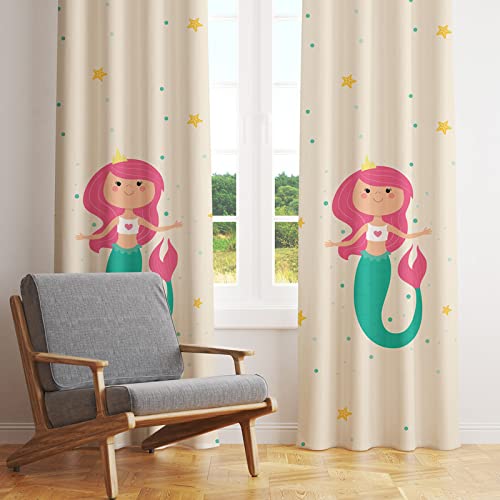 Mermaid curtains featuring pink hair and stars, adding a whimsical touch to any room decor.