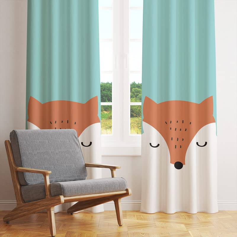 A charming fox curtain hanging next to a basket, adding a touch of whimsy to the room decor.