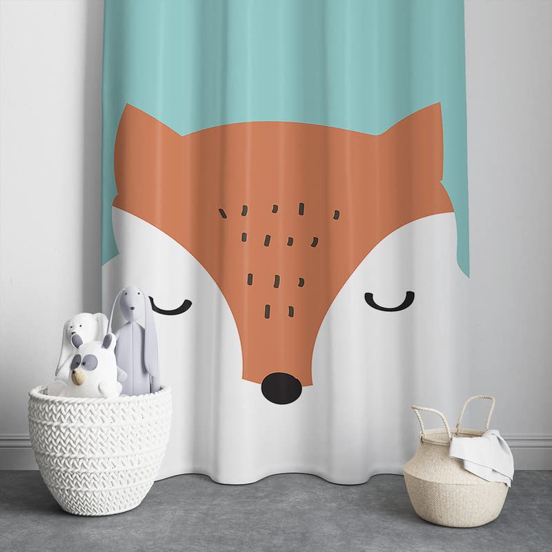 Fox-patterned curtain complemented by a basket, bringing a delightful and charming vibe to the space