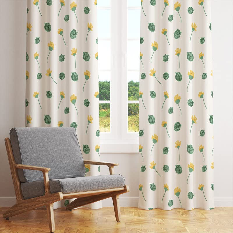 Enhance your room with a cheerful yellow and green curtain showcasing a lovely floral print and leaves.
