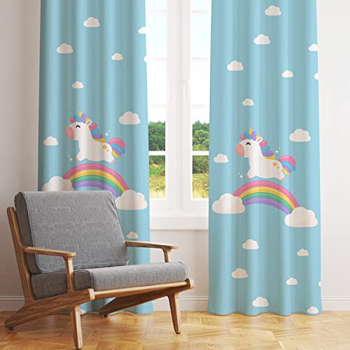 Blue curtain with unicorn soaring in sky.