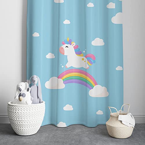 Blue curtain with unicorn soaring in sky.