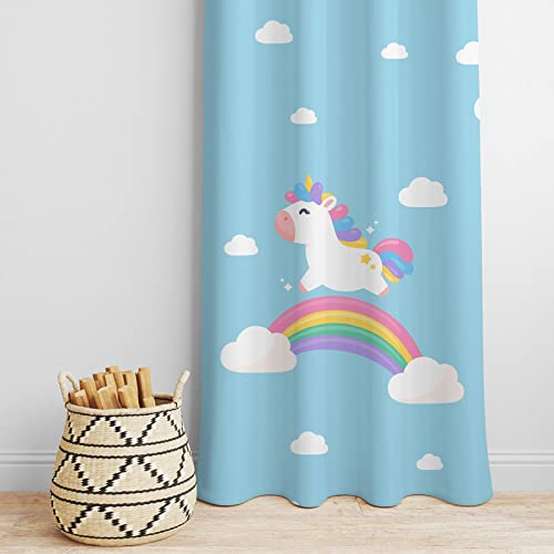 Enchanting unicorn flying over blue curtain.
