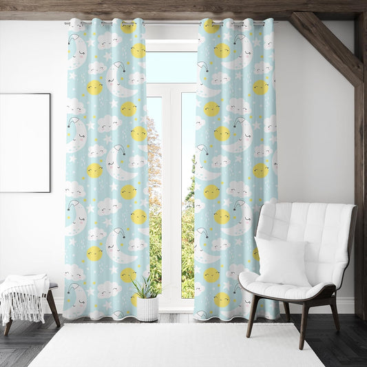Curtain with cute sun, moon, and clouds in blue and yellow.