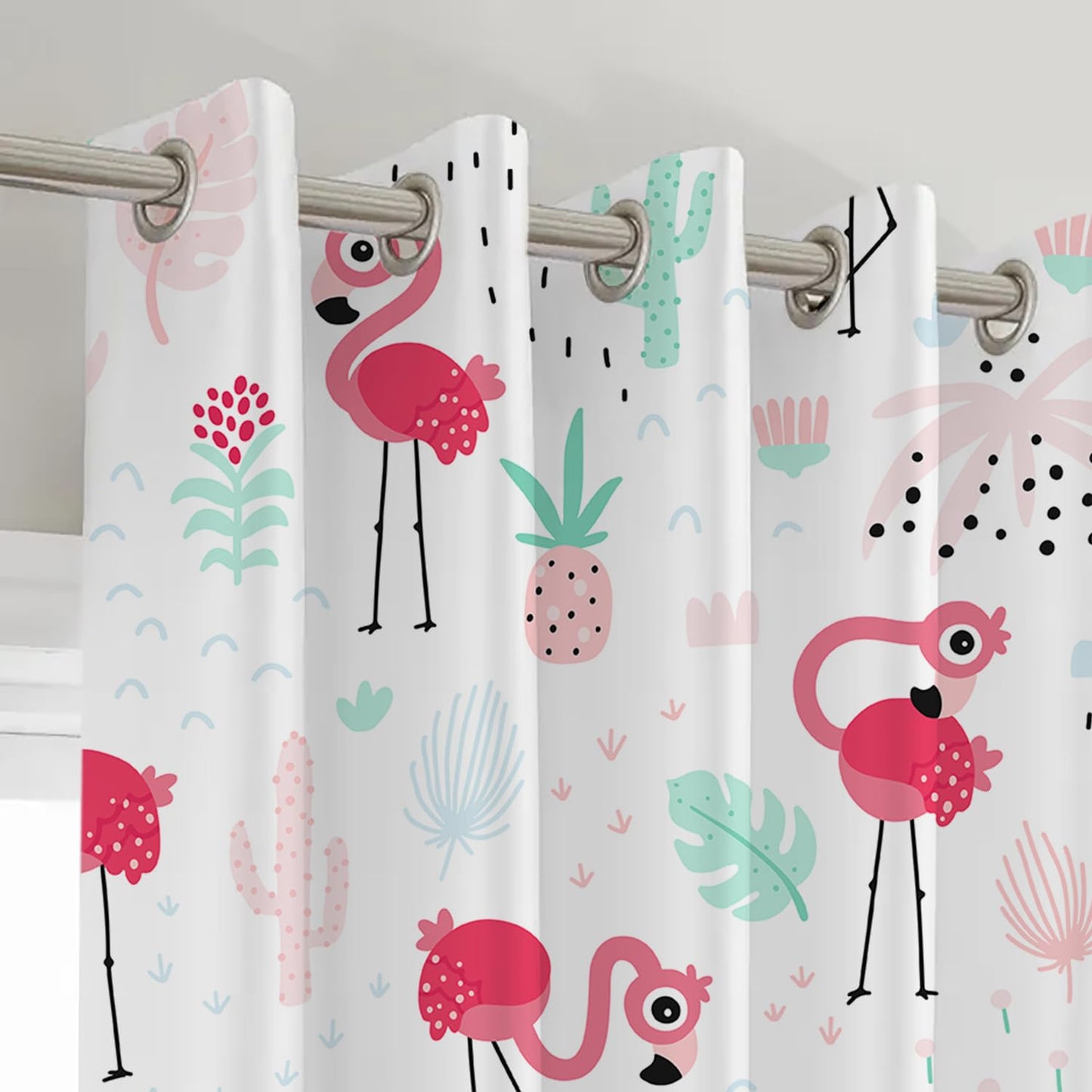 Pink flamingo and cactus print curtain with a basket, adding a touch of desert charm to your space.