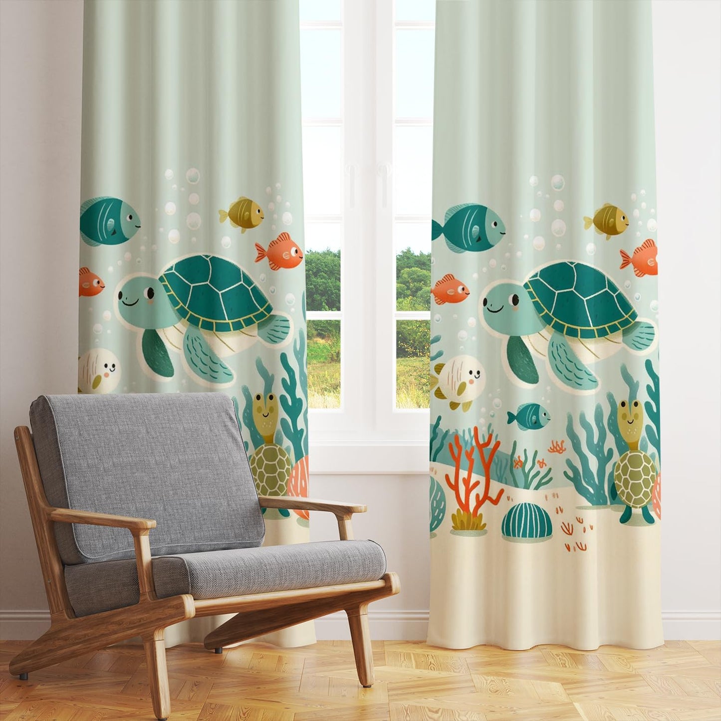 A bright curtain illustrated with sea creatures and turtles, adding a cheerful touch to setting.
