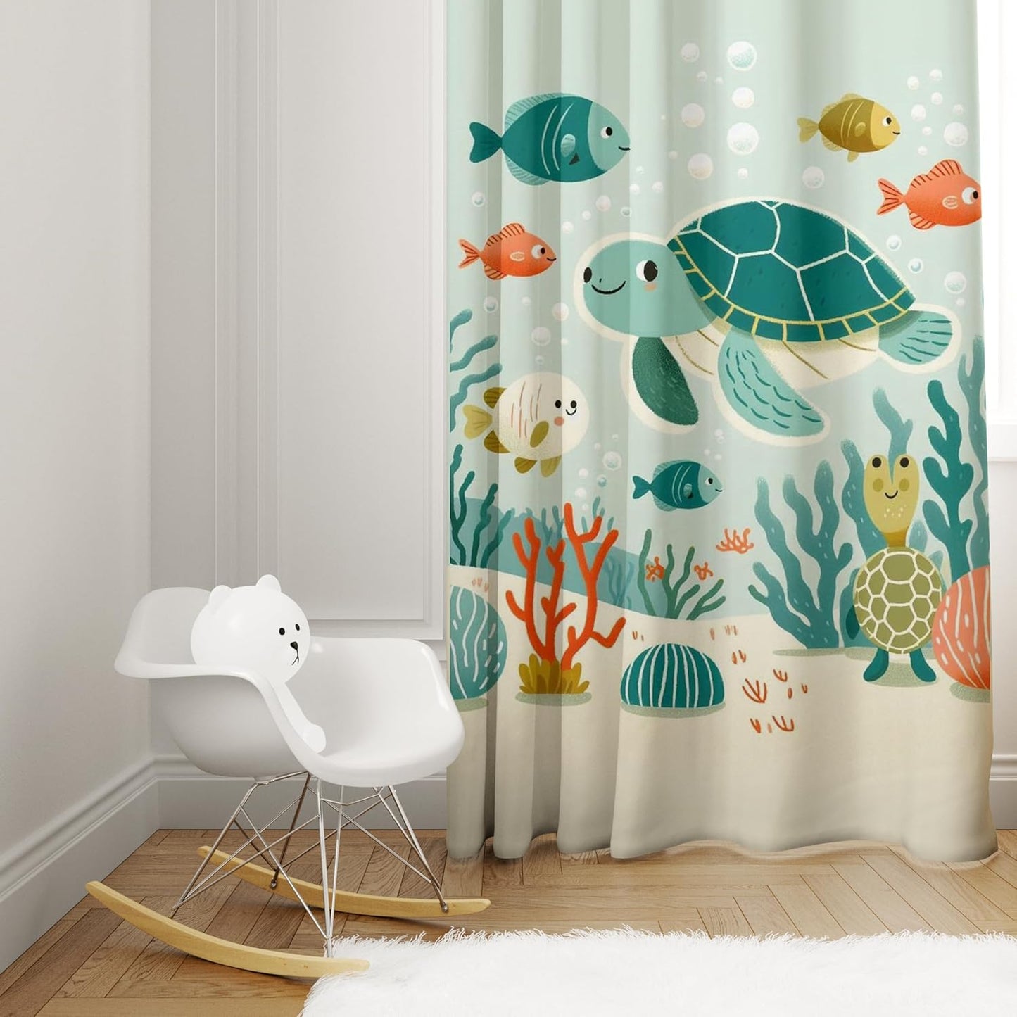 A colorful curtain displaying a variety of sea creatures and turtles, enhancing the aquatic ambiance of the space.