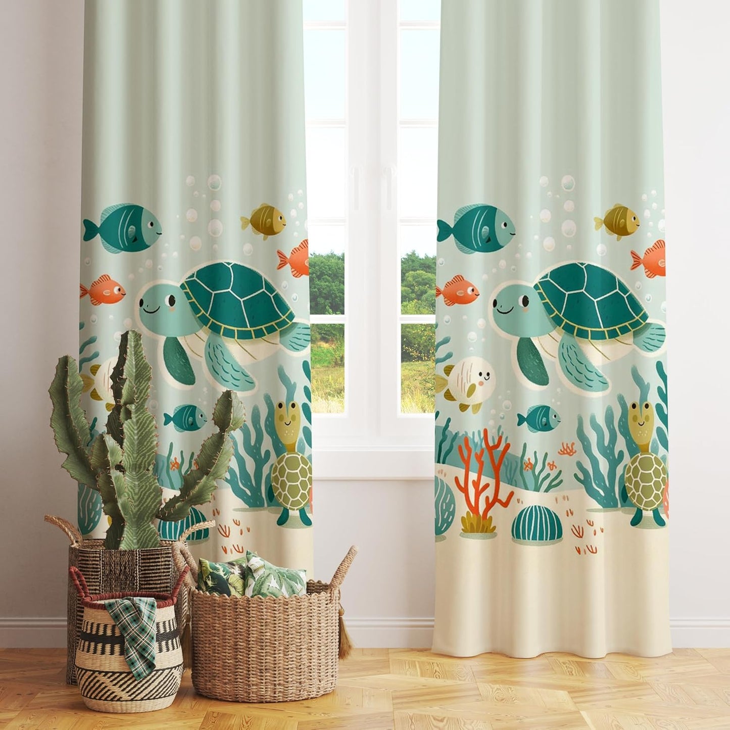 A lively curtain adorned with colorful sea creatures and turtles, creating a playful underwater theme.
