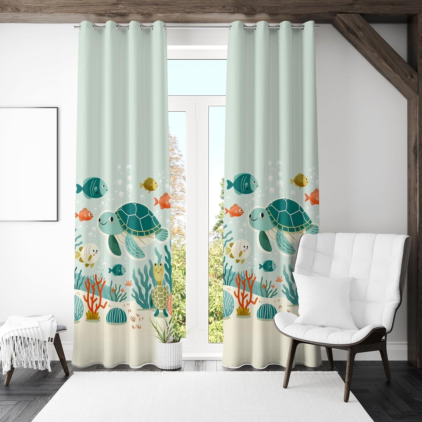 A decorative curtain showcasing an array of colorful sea creatures and turtles in a whimsical ocean design.