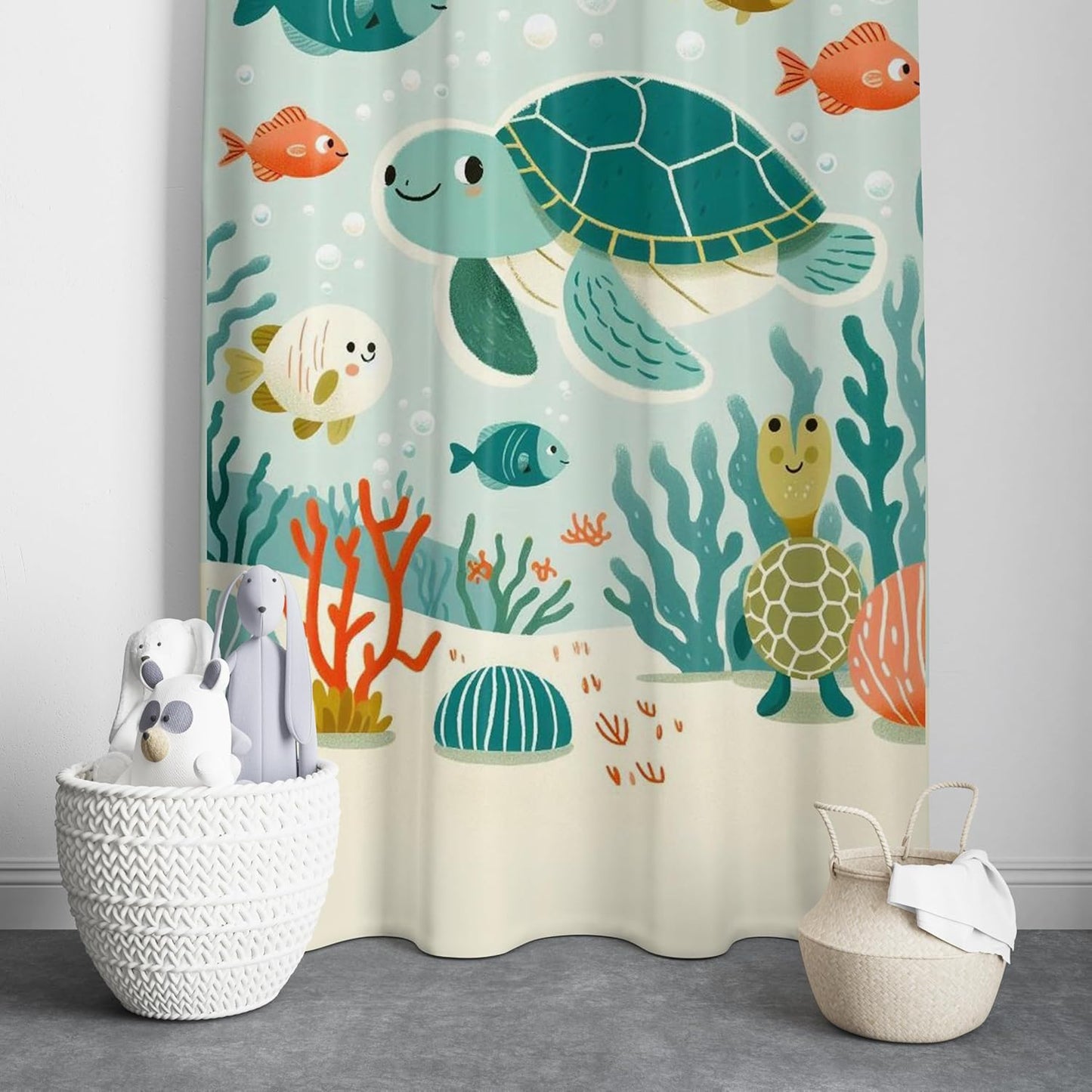 A vibrant curtain featuring various sea creatures, including colorful turtles and marine life designs.