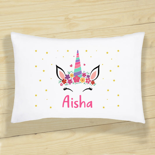 Custom unicorn pillow featuring a colorful mane and shimmering horn, ideal for adding a whimsical touch to your decor.
