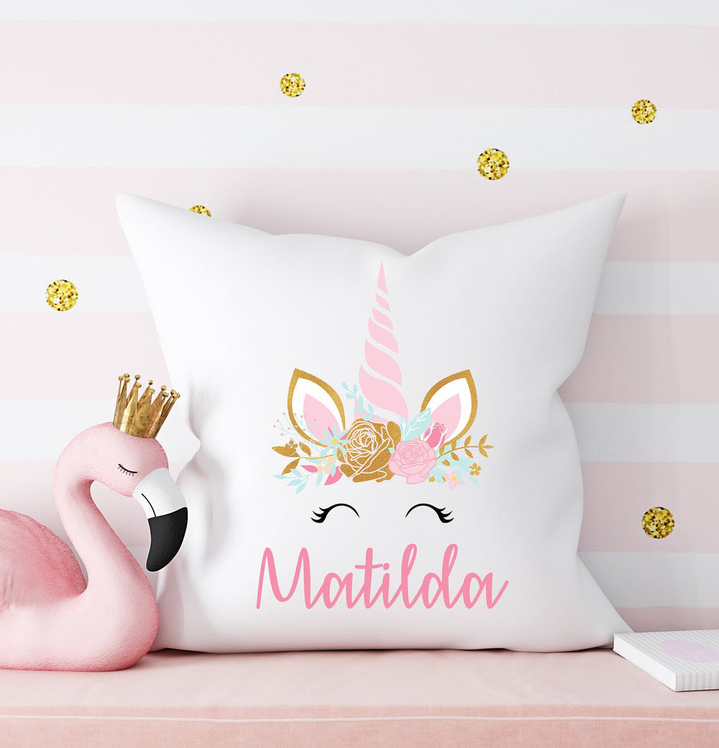 Custom unicorn cushion featuring a colorful mane and horn, ideal for adding a whimsical flair to your living space.