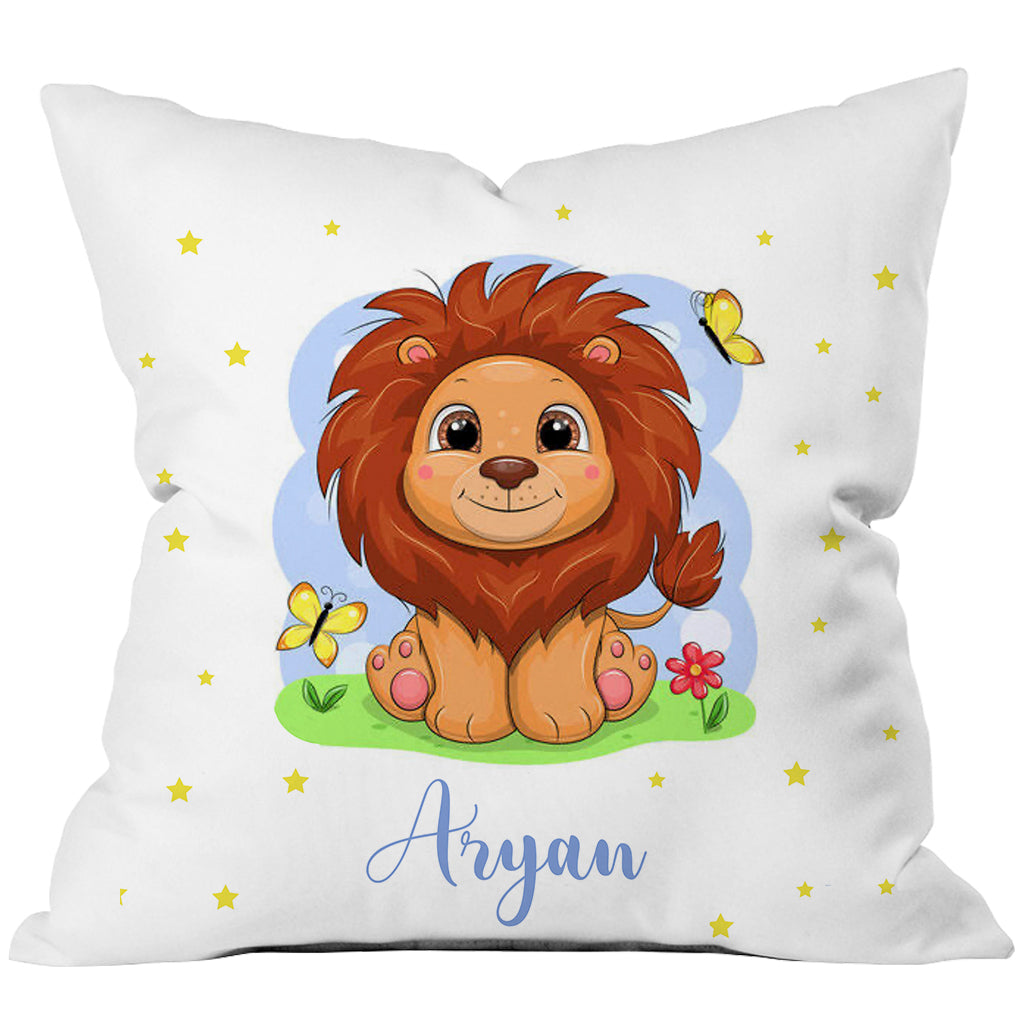 Custom lion pillow featuring your name, a unique touch to your living space or a thoughtful gift for someone special.