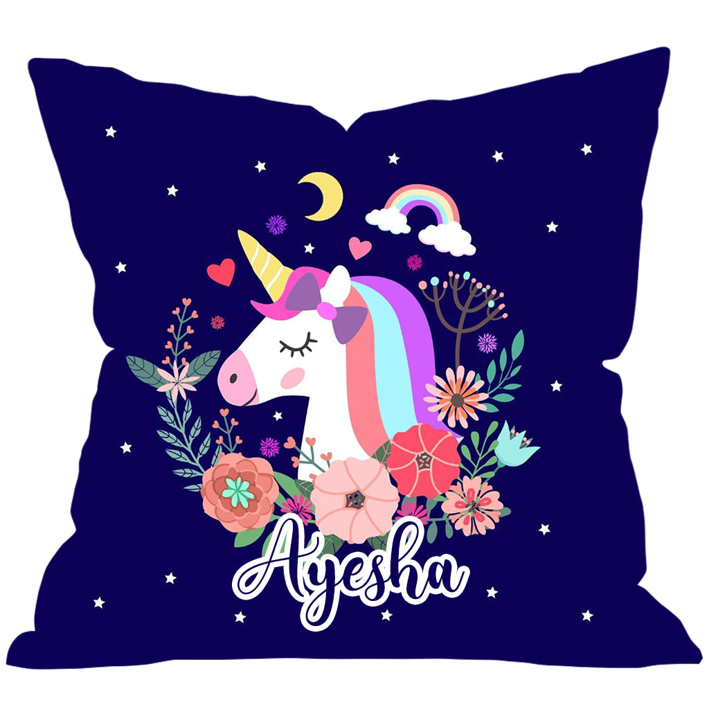 A decorative pillow featuring the name Ayesha and a charming unicorn illustration.