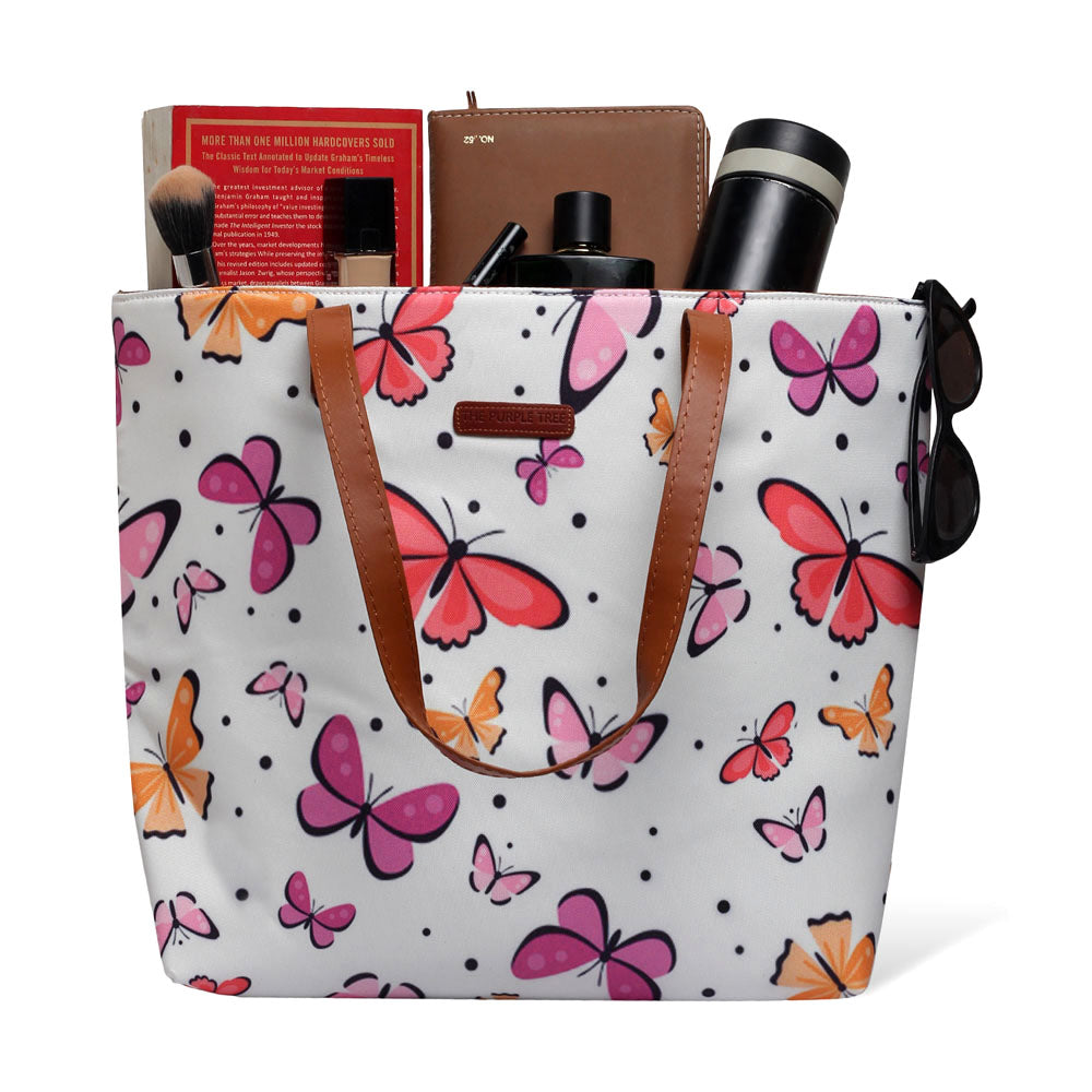 Vibrant butterfly design on spacious tote bag, ideal for everyday use.