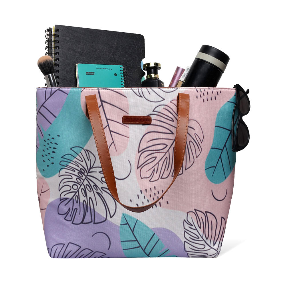 Vibrant design on spacious tote bag, ideal for adding a pop of color to your outfit.