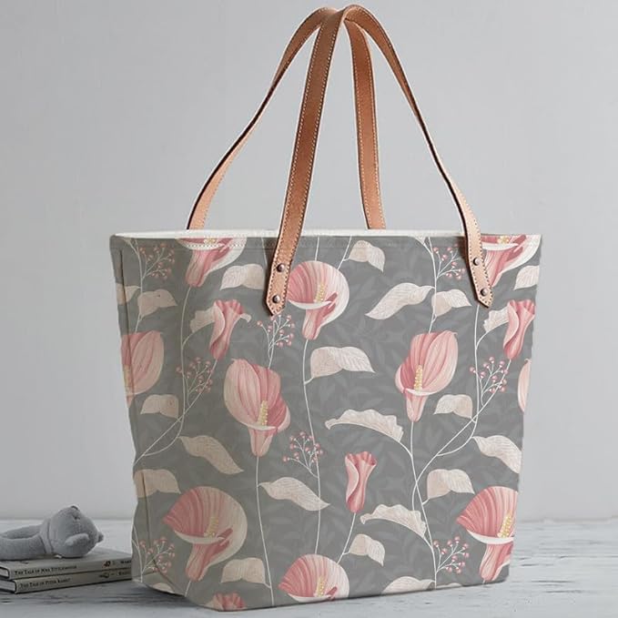 Fashionable gray and pink floral tote bag, great for everyday use.