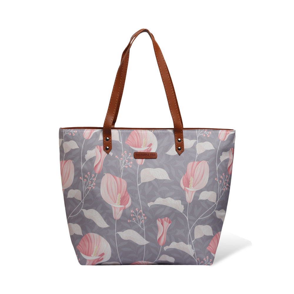 Gray and pink floral tote bag, a stylish accessory for any outfit.