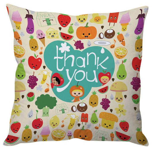 A pillow featuring "Thank You" message and adorable cartoons.