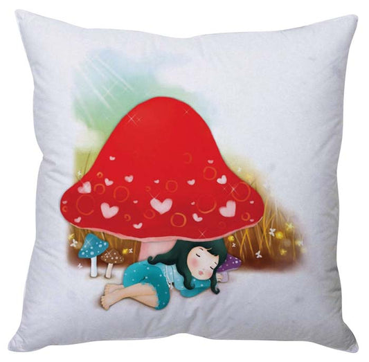 A decorative pillow featuring a girl and a mushroom design, adding a whimsical touch to any room decor.