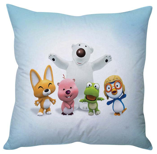 Adorable cartoon bear and buddies on pillow.