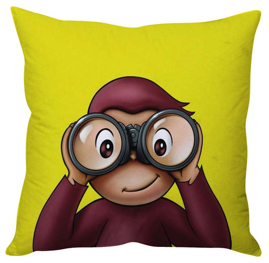 Decorative cushion with a monkey holding binoculars, perfect for a whimsical touch in any room.