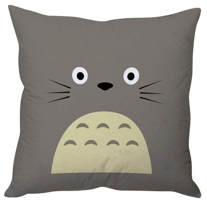 Cute Totoro face design on a soft pillow, ideal for fans of the popular animated character.