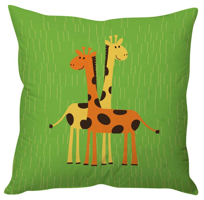 Two giraffes snuggle on a pillow.