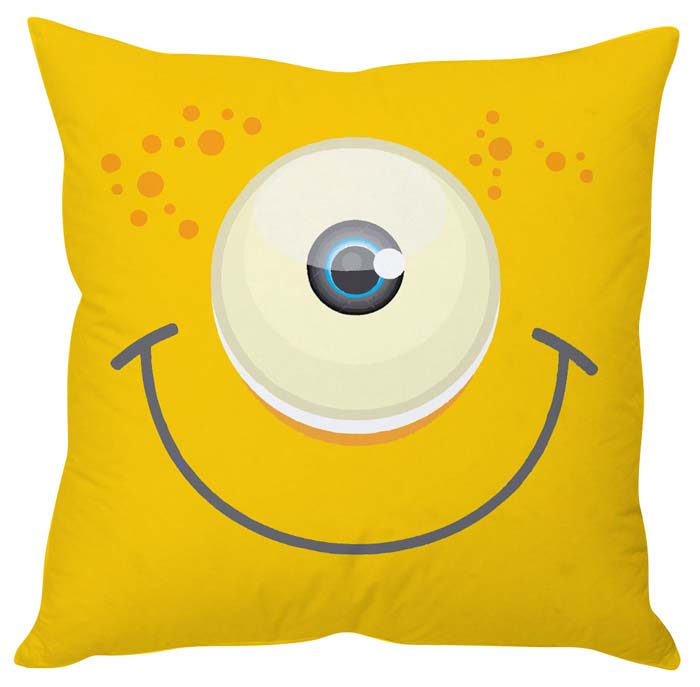 Cheerful yellow pillow with a smiling face design.