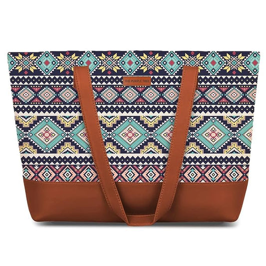 Leather tribal print tote bag with a trendy brown handle, perfect for adding flair to any outfit.