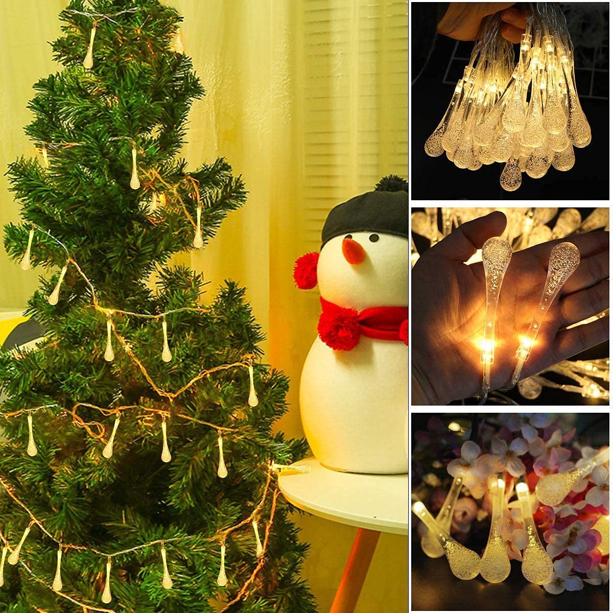 String of glowing glass droplets hanging in a row.