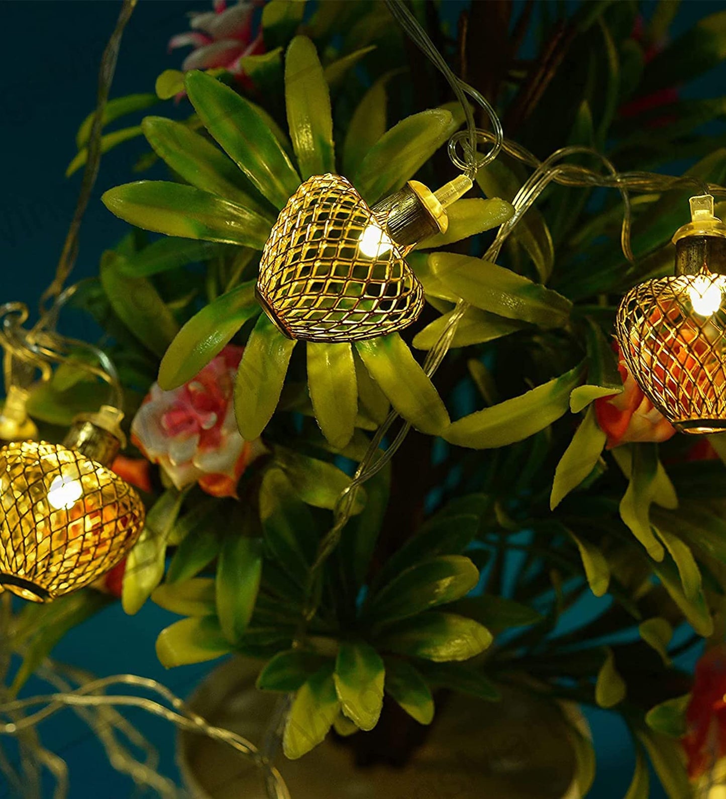 Golden heart-shaped string lights twinkling softly, creating a charming and inviting atmosphere in the room.