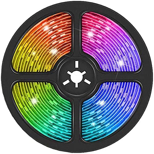 Colorful LED strip on black base.