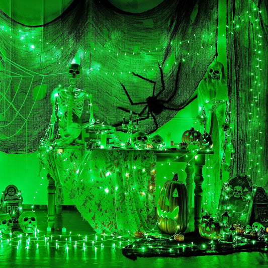 Spooky Halloween scene with glowing green lights and creepy skeletons.