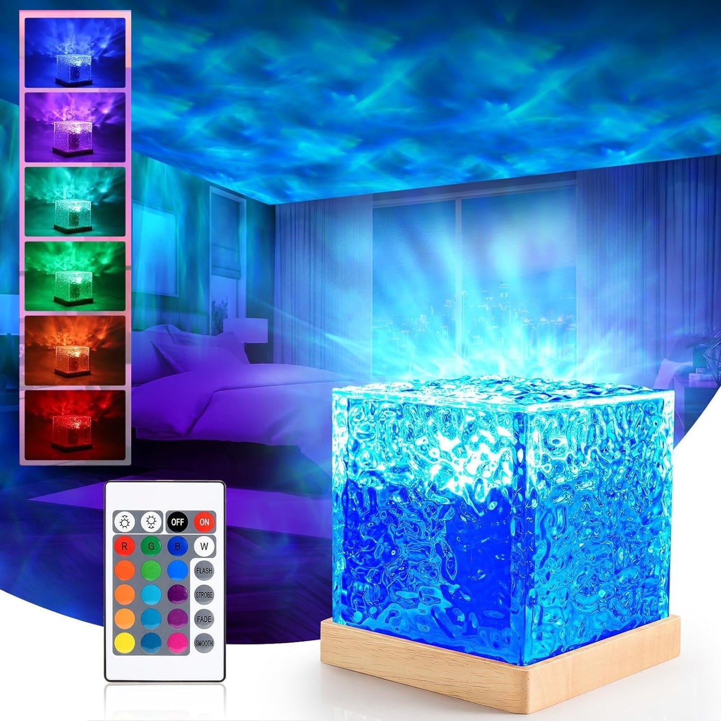A cube-shaped lamp with a remote control, glowing with vibrant blue lights, perfect for adding ambiance to any space.
