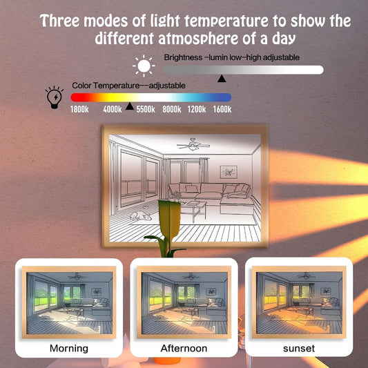 A cozy living room featuring a 3D LED night light painting of a vibrant sunset on the wall.