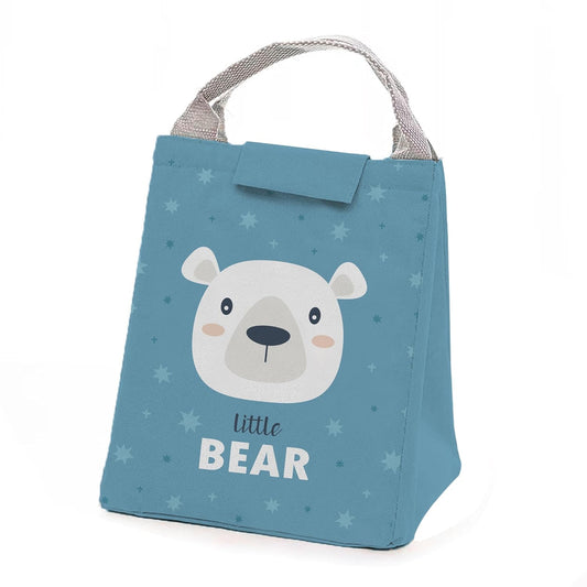 A cute bear lunch bag set against a vibrant blue background, perfect for children's meals and snacks.