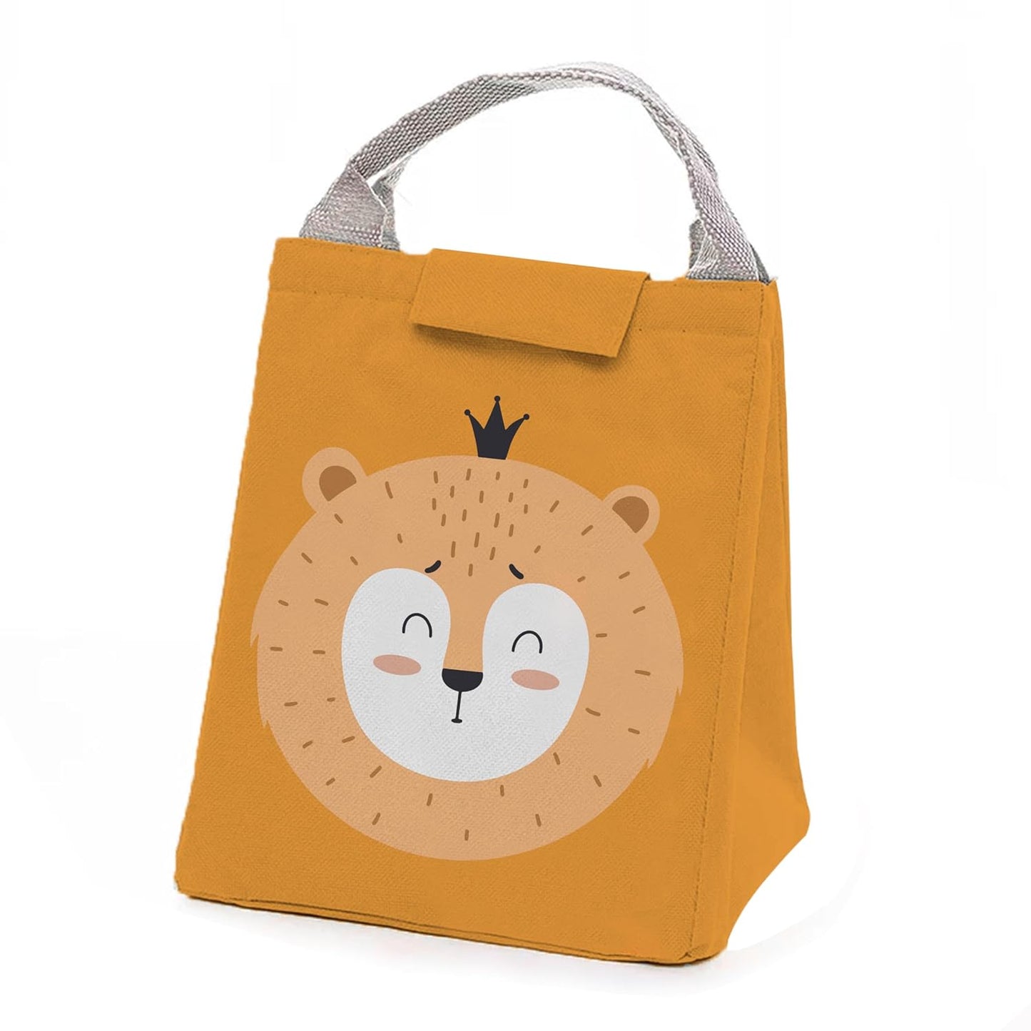 A charming lion face adorns an orange lunch bag, perfect for adding a playful touch to lunchtime.