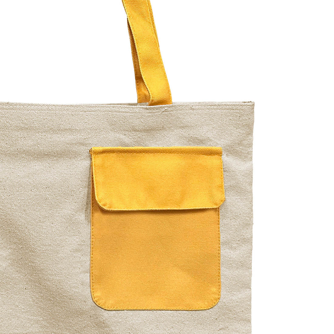 Picture of a tote bag with a sunny yellow pocket.